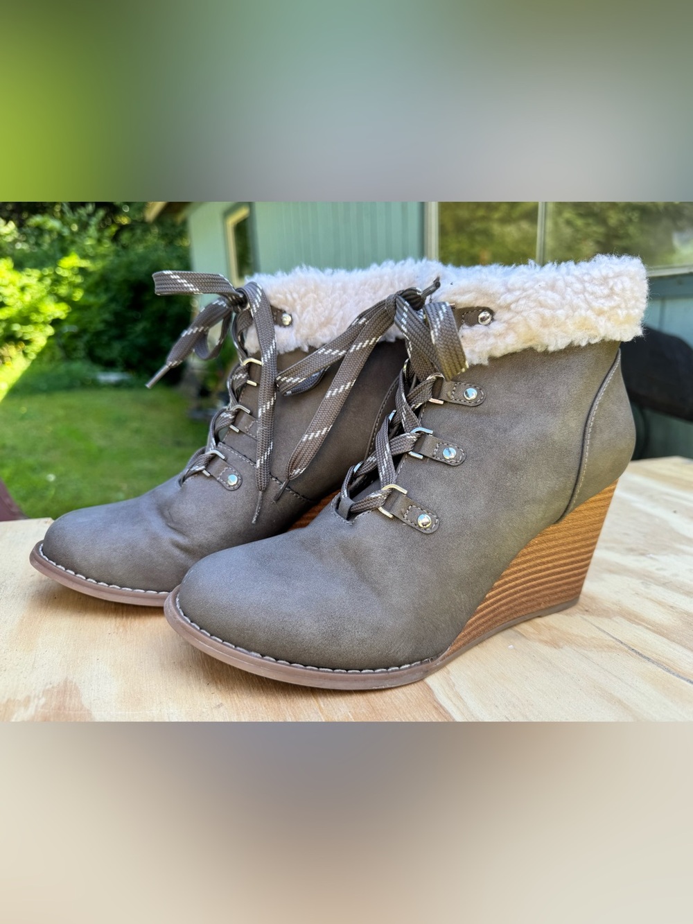 Nautica Taupe Faux-Shearling Lace-Up Wedge Boots